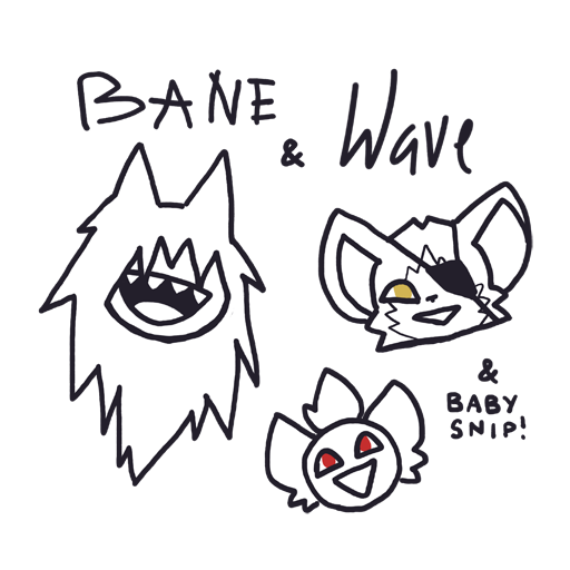 simple illustration of three faces: Bane, a raggy wolf man with hair covering most of his face, Wave, a ruggy pirate catboy with an eyepatch, and Snip, a little wolf/human child 