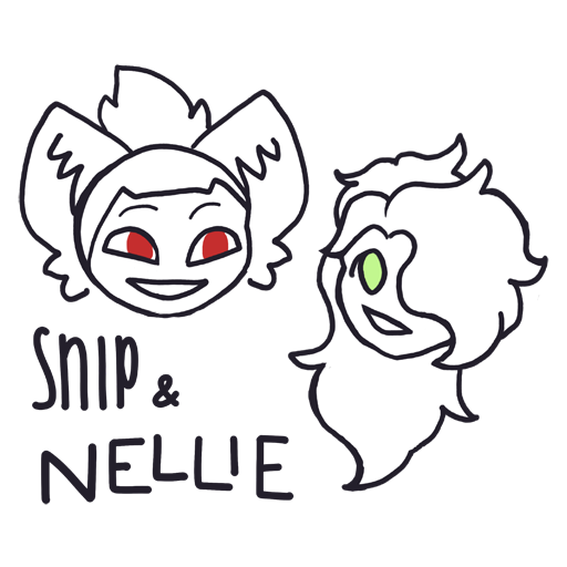 simple illustration of two faces: Snip, an adult wolf-girl with red eyes, and Nellie, a zombie girl with hair over her left eye